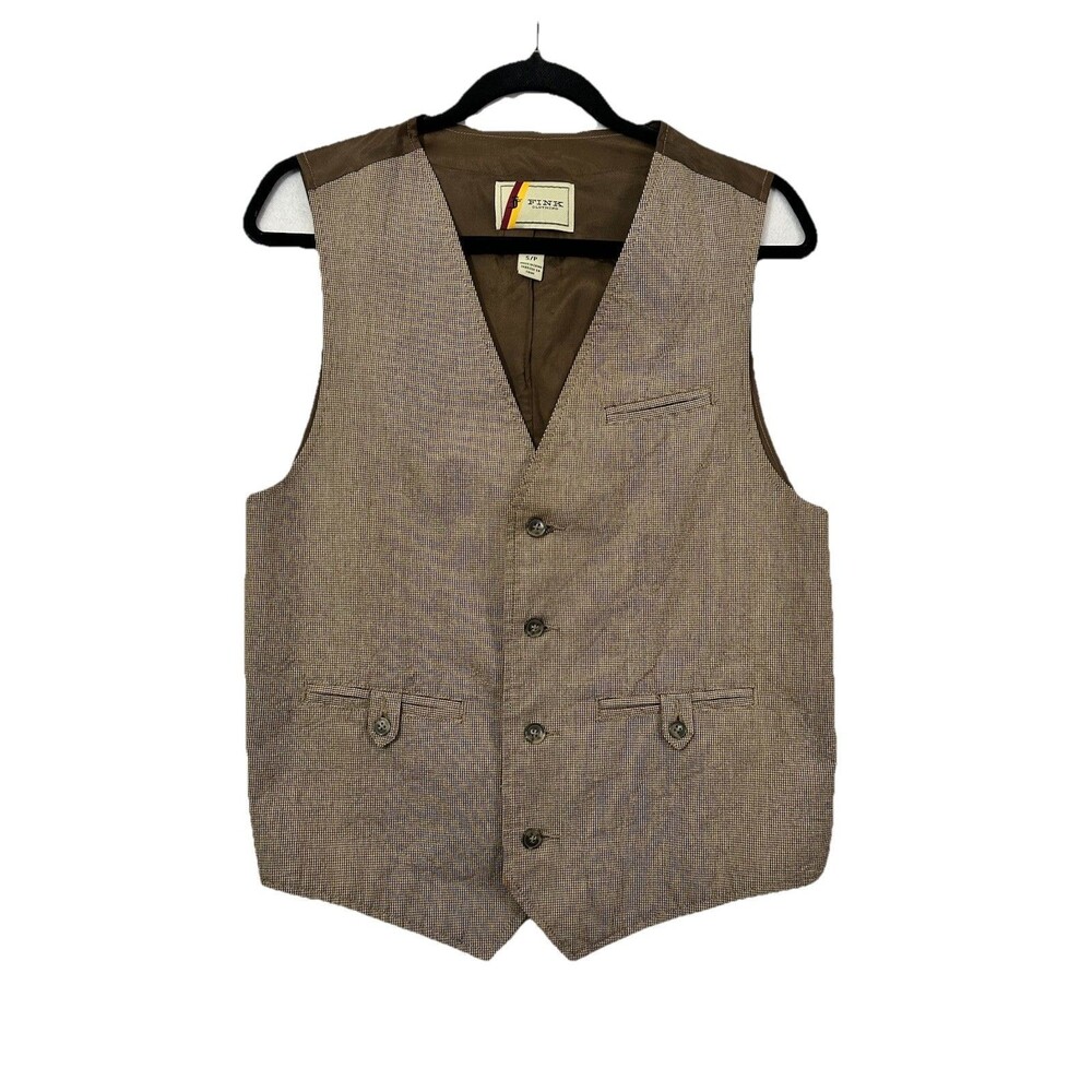 VTG Fink Small Mens Dress Vest Brown Houndstooth Western Waistcoat Check Gilet